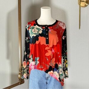 Johnny Was Tura Henley Tee L Floral Bamboo Long Sleeve Boho Whimsigoth Botanical